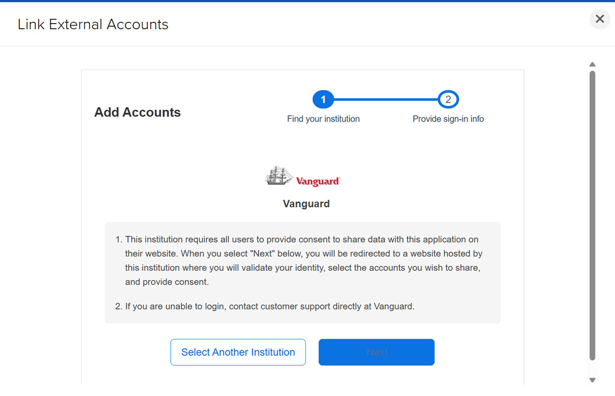 The portfolioanalyst add external account screen. 